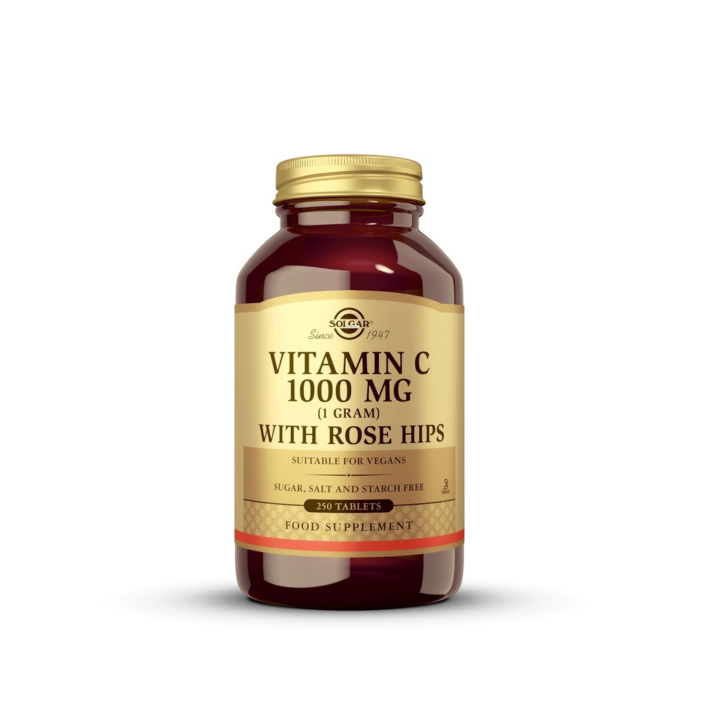 Solgar Vitamin C 1000 mg med Rose Hips, 250 tabletter - Antioksidant og immun støtte - Total Helse - Støtter sunn hud og ledd - Ikke-GMO, Vegan og Kosher - 250 Services