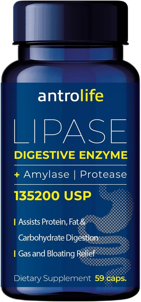 ANTROLIFE Digestive Helse Supplement - Enzymer med Lipase Næringstilskudd og Amylase for Digestive Comfort - Dietary Supplement - 59 Kapsler