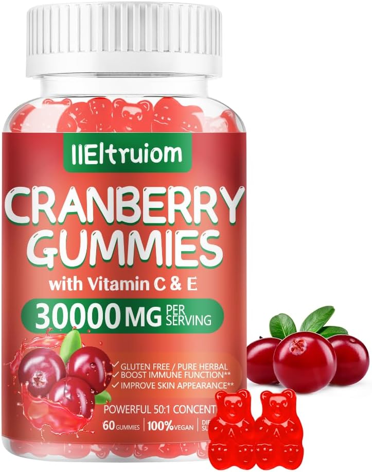 Cranberry Gummies Urinal Tract Helse for kvinner og menn, 50X Konsentrasjon Extrac, Vitamin C & E, Cranberry Gummies for kvinner med Hibiscus å støtte immune, 60 teller