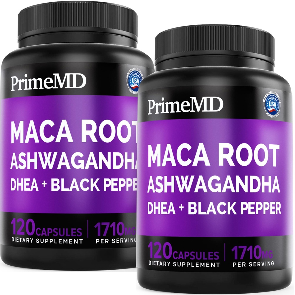 6-i-1 Organic Maca Root Ashwagandha Capsules 1710mg med DHEA og svart pepperfruktekstrakt for kvinner og menn - Black Maca Supplement for Stamina, Bone og Mood Support Supplement, 120ct (Pack of 2)