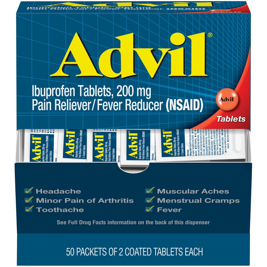 Advil Pain Relief and Fever Reduser, smertelindring medisin med Ibuprofen 200 mg for hodepine, ryggsmerter, menstruasjonssmerter og ledd smertelindring - 50x2 belagte tabletter