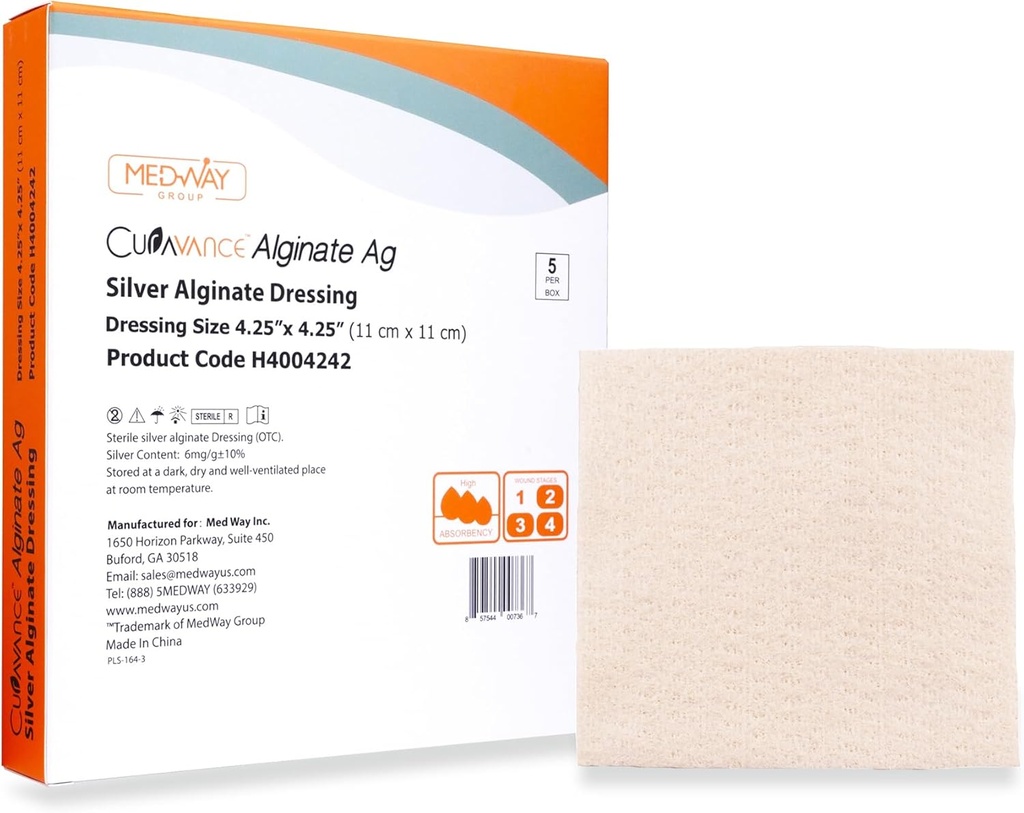 MedVance MedHeal Silver Kalsium Alginate Ag Steril Høyt Absorbent Dressing, (4,25" x 4,25") 5 dressing / boks, 5 greve (pakke med 1)