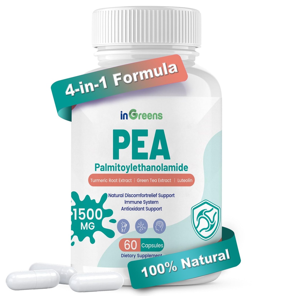 Høy styrke 4-i-1 Palmitoyletanolamid, 700 mg Pea Supplement for menn og kvinner, laget i USA, 60 kapsler