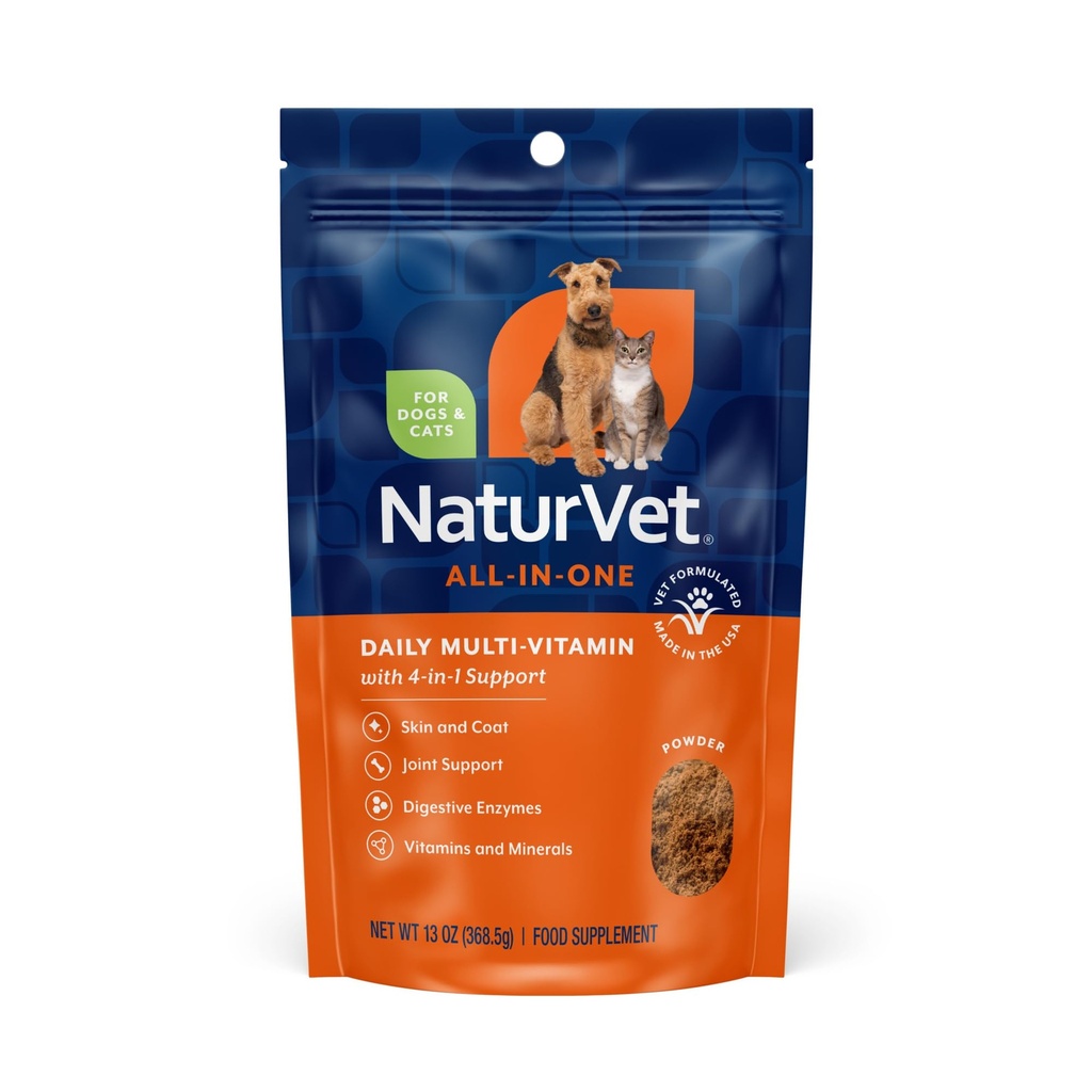 NaturVet All-in-One Hunde Supplement - for felles støtte, Digestion, hud, Coat Care - Hunde Multivitaminer med mineraler, Omega-3, 6, 9 - Hvetefri vitaminer for hunder - 13-Ounce pulver