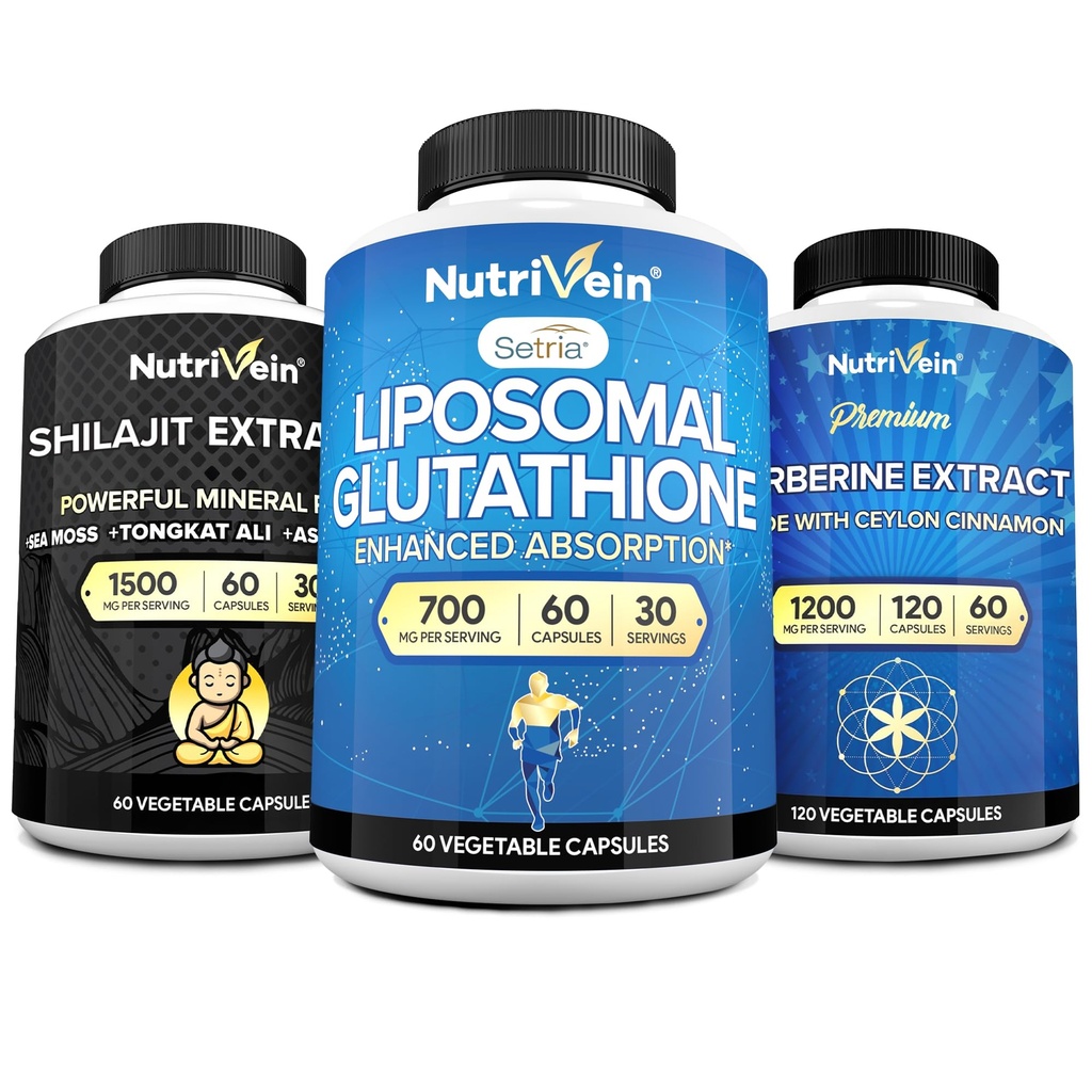 Nutrivein Premium Shilajit Kapsler, Liposomal Glutathione Supplement, & Berberin Supplement Bundle: Berberine, Glutathione, & Shilajit Kapsler for menn og kvinner - Metabolisme, Vitalitet, & Balance