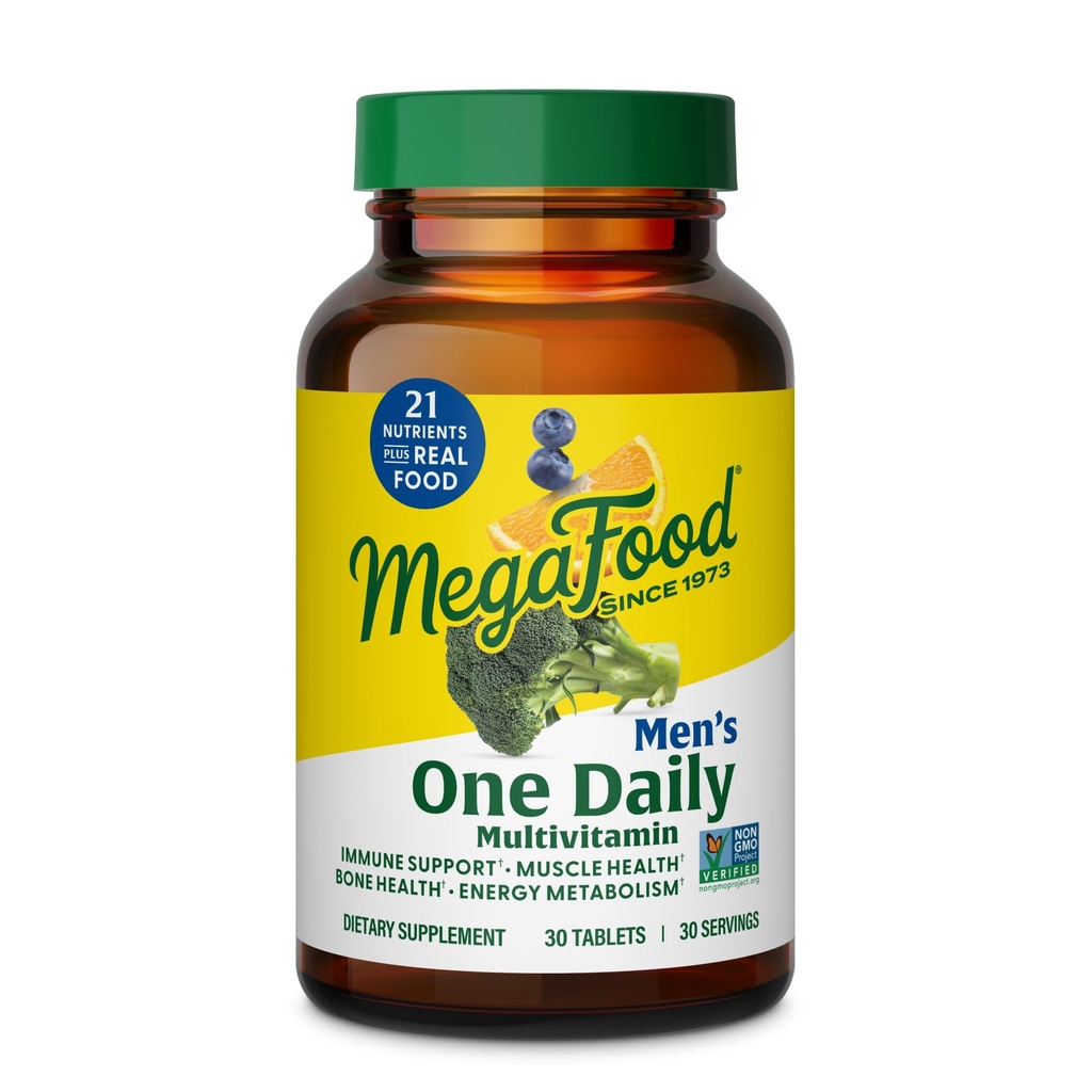 MegaFood One Daily Mens Multivitaminer - Multivitamin for menn - Vitamin C, vitamin D3 & vitamin B12 - Muskel, energimetabolisme og immunstøtte - Vegetarisk, Glutenfri - 30 tabletter, 30 serveringer