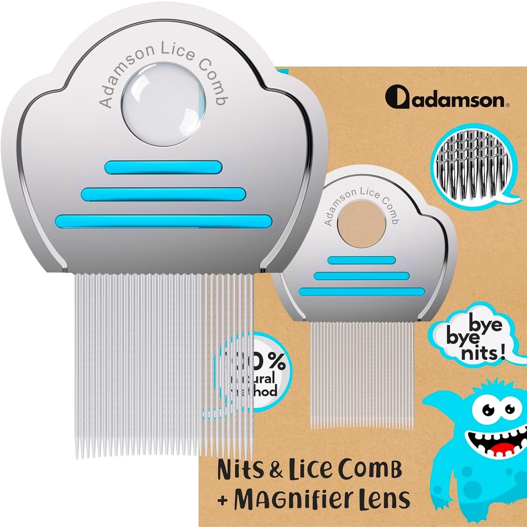Adamson Lice Comb - rustfritt stål Lice Comb for barn - Effektiv nit Comb - Lice Combs for tykkt hår - holdbar og enkel å rengjøre - Piojos y Liendres para Niñas