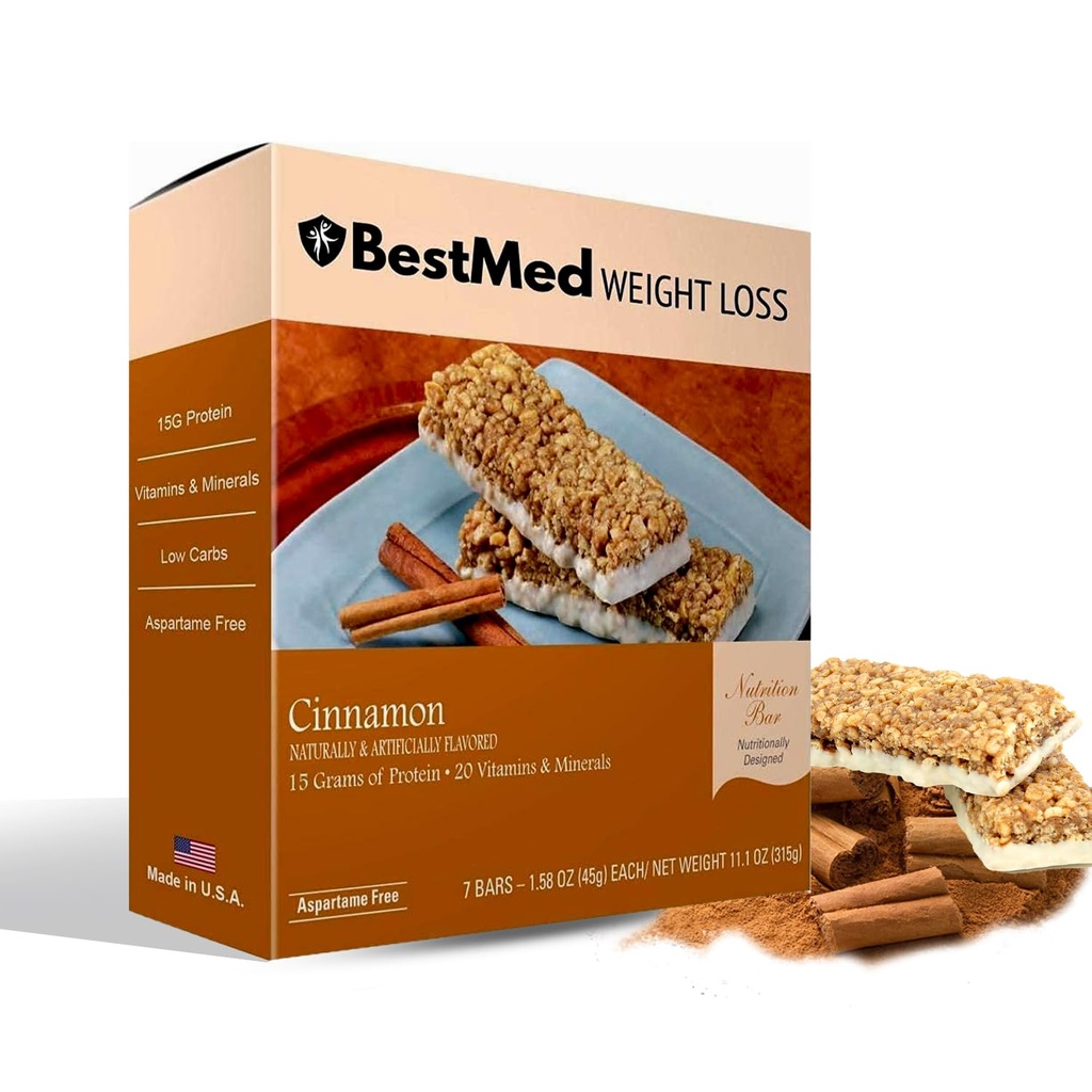 BestMed - High Protein Nutrition Bar - Low-Carb, 15g Protein, Lavt sukker, Lav kalori, Måltid erstatning Bar (Cinnamon, 1 boks - 7 greve)