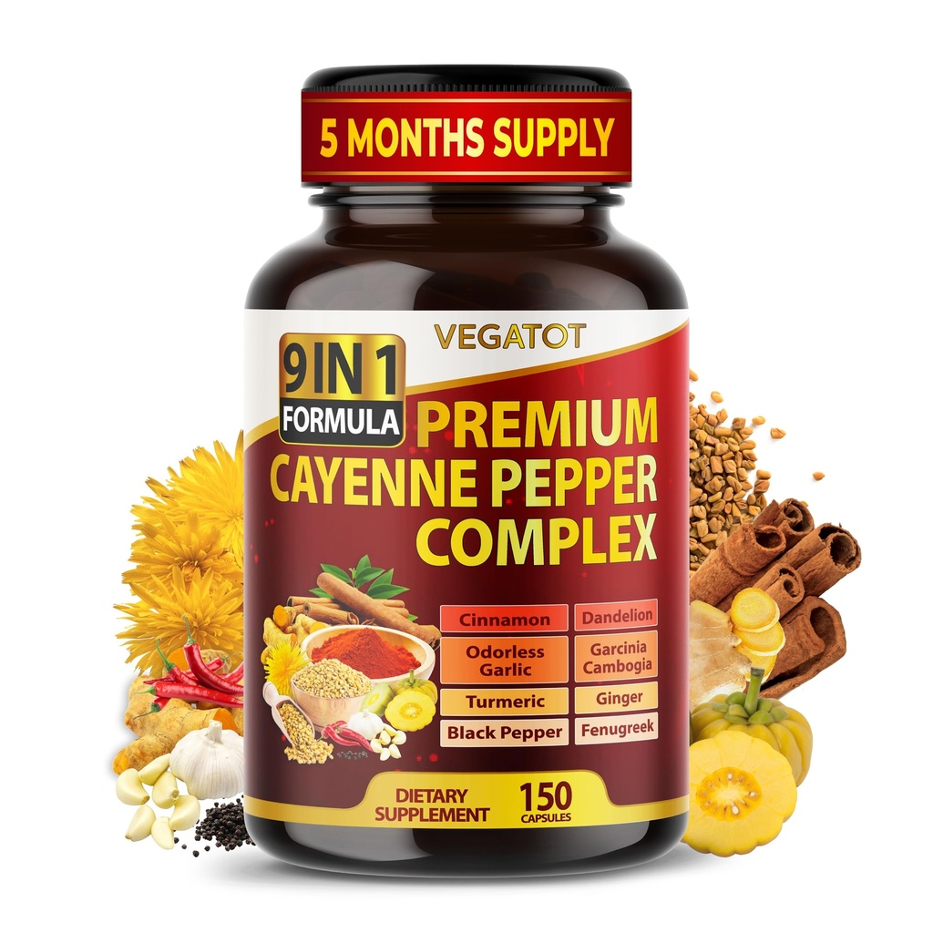 Organic Cayenne Pepper 9IN1 Kompleks med kanel, ginger, gurkemeie for generell helse, immunsystem, dialyse velvære (150 Count (Pack of 1))