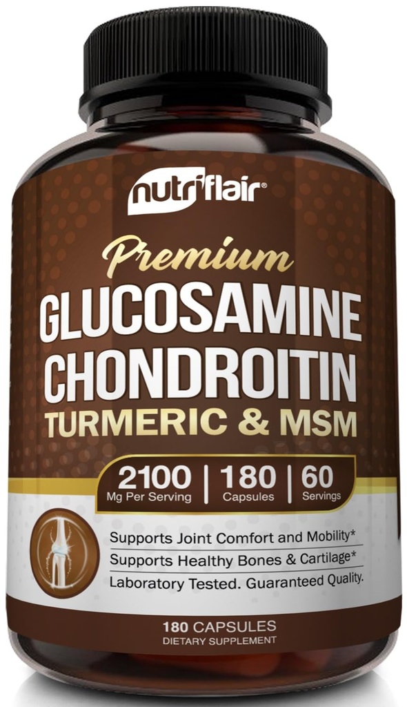 NutriFlair Glucosamine Chondroitin Turmeric MSM Boswellia, 180 kapsler - Joint Comfort Supplement - Naturlig & Ikke-GMO - Antioksidant piller - Støtter Tilbake, Knøtter, hender, Joints, Cartilage