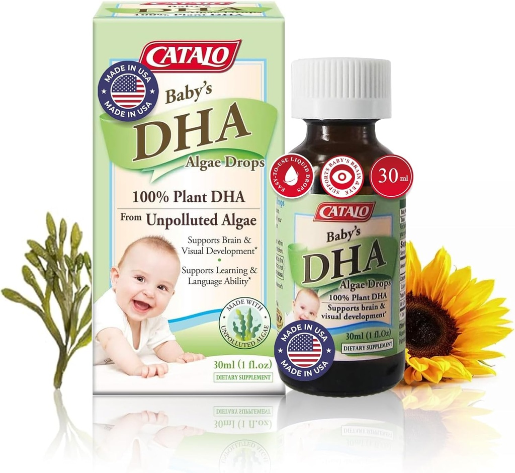 CaTALO Babys Algae DHA Drops - Plantebasert omega-3 Supplement for spedbarn - Ingen fiskeolje, Ingen kunstige tilsetningsmidler - lett å bruke flytende DHA Supplement - 30 ml (1 fl oz)