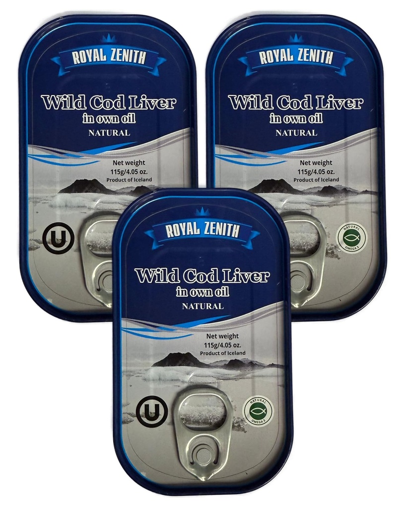 Royal Zenith Islandsk Wild Cod Liver 4.05oz/115g Pakke med 3