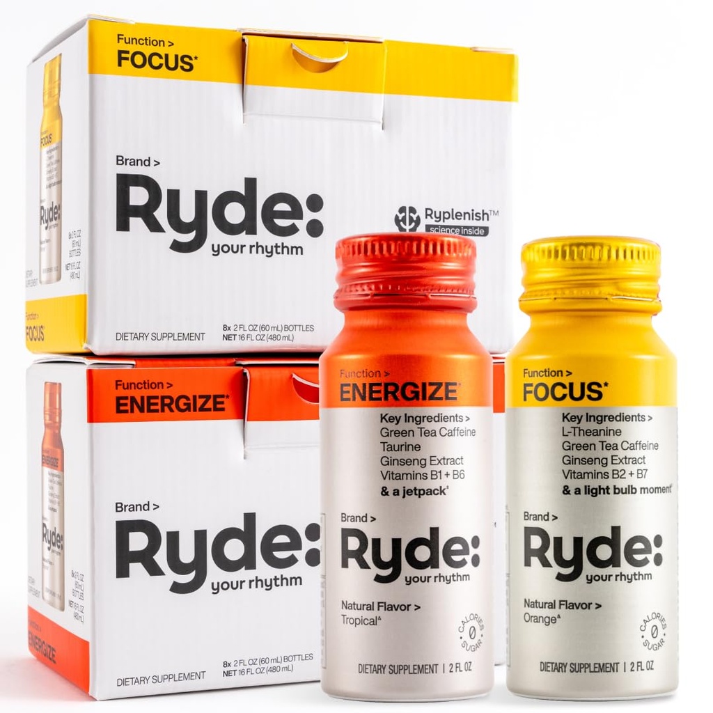 RYDE Shots | Energize + Fokus | Essensielle B-vitaminer og koffein | null kalorier, null sukker | Pakke med 16