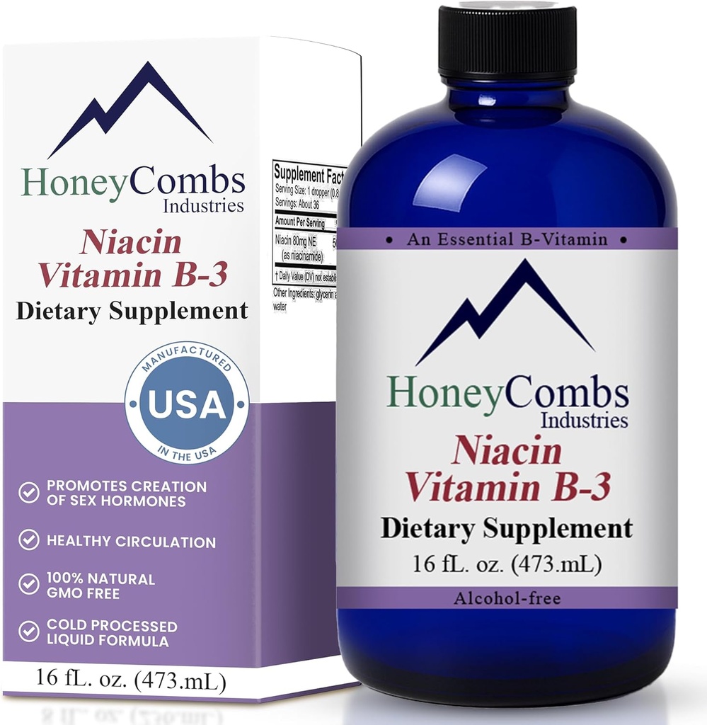 HoneyCombs Vitamin B3 Niacin Supplement flytende dråper - høy potens vitamin B3 flytende dråper for menn og kvinner - opprettholde digestive system, hud, tunge, energi og mer - Vegan Niacin Drop (16 fl oz)