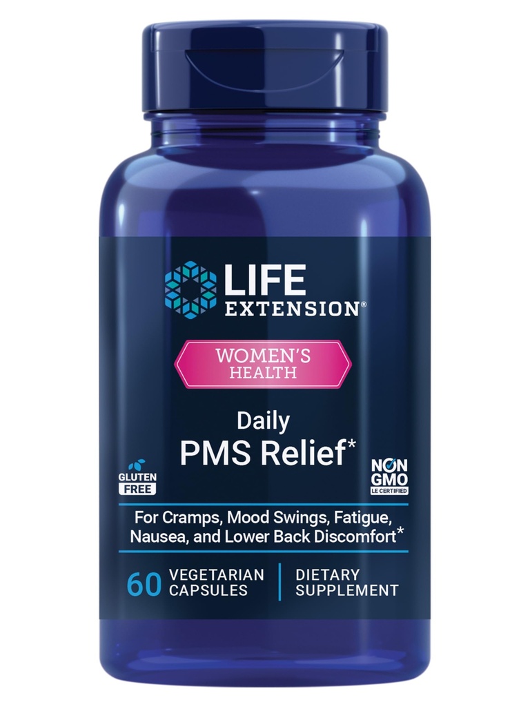 Livsforlengelse Daglig PMS Relief, Menstruasjonskomfort Supplement, PMS-Relaterte Kramper, Nedre rygg ubehag, Mood, Ginger, Magnesium, B6, Glutenfri, Ikke-GMO, 60 Kapsler