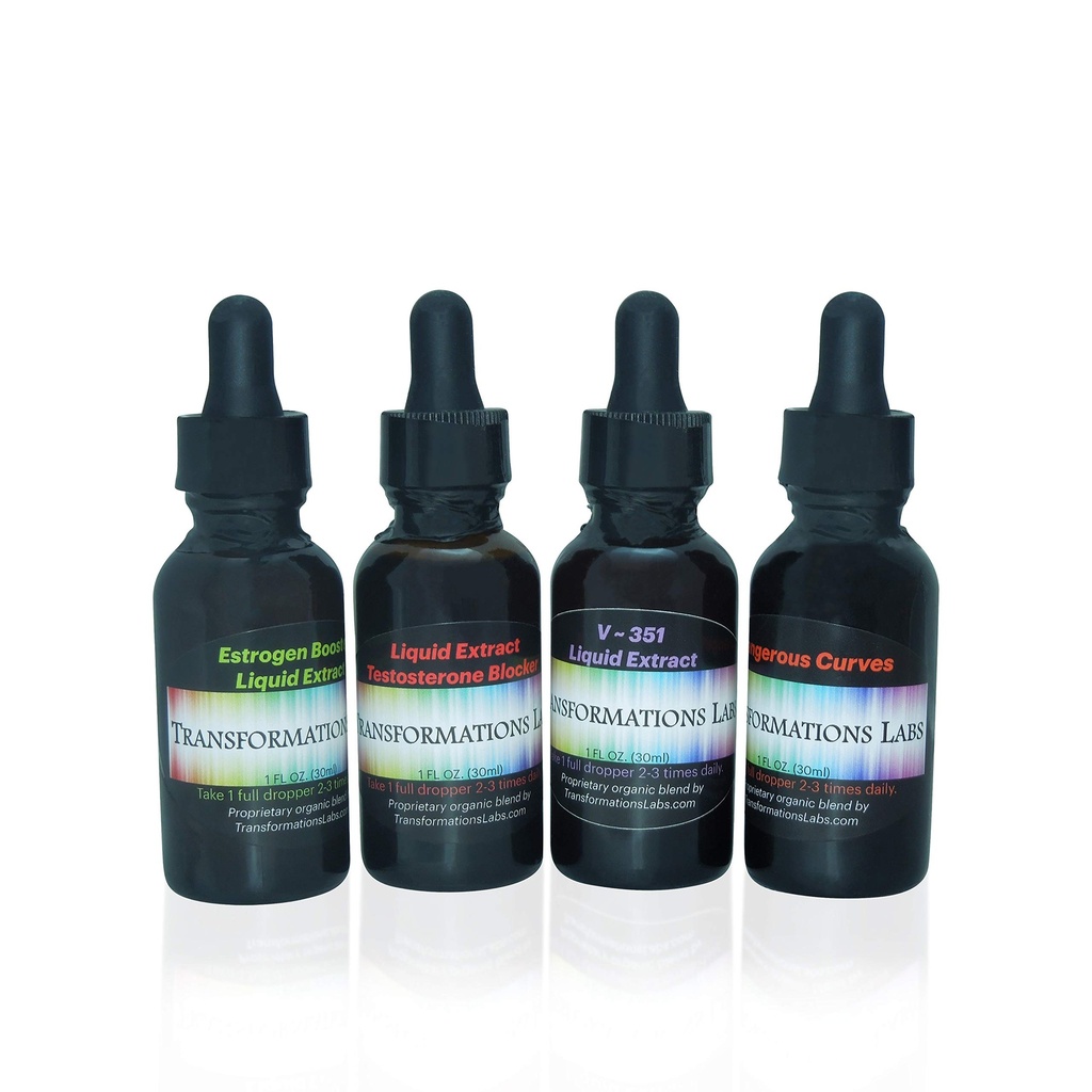MTF E-Booster, T-Blocker, V ~ 351 Avanserte Feminizer & Farlige kurver Synergist, MTF Flytende ekstrakter 4 Pack Transition Transgender Kit!!