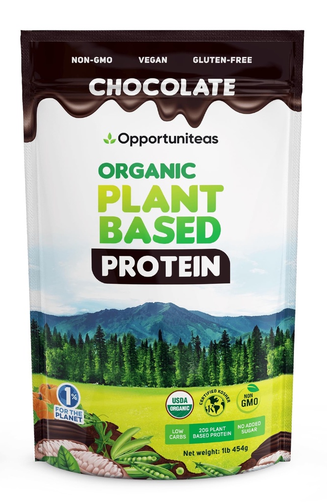 Opportunites Organic Plant Basert Protein pulver, 20g Vegansk Protein fra Pea, Pumpkin og Rice, Ingen sukker, Ikke-GMO, Glutenfri, Kremet sjokolade, 1 lb