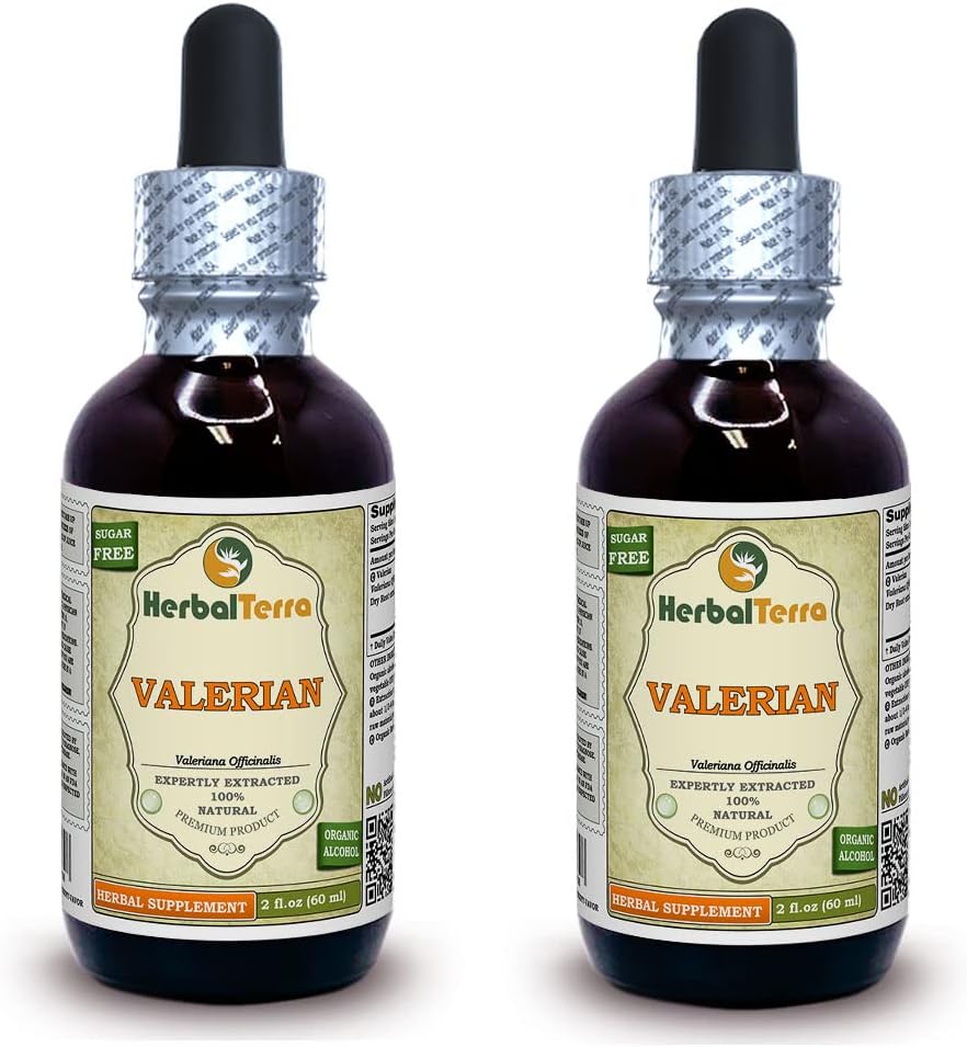 Valerian (Valeriana officinalis) Tinktur, organisk tørket rot flytende ekstrakt (merkenavn: HerbalTerra, stolt laget i USA) 2x2 fl.oz (2x60 ml)