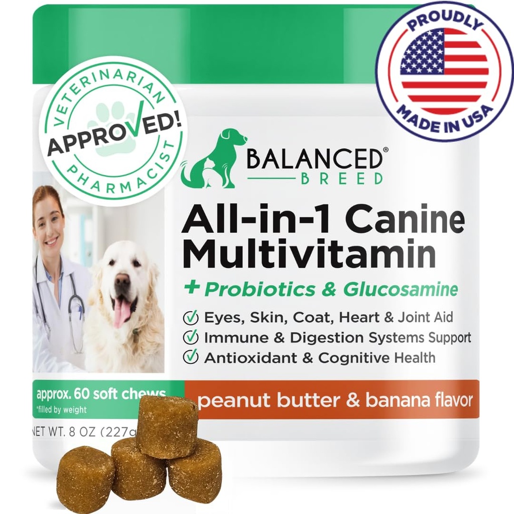 Balansert avl All-in-1 Hunde vitaminer Kosttilskudd laget i USA Vet-Pharmacist Godkjent hund Multivitamin Probiotika Glucosamine Chondroitin Hunder Salmon Olje Koat Immune Senior Hunde Supplement NonGMO