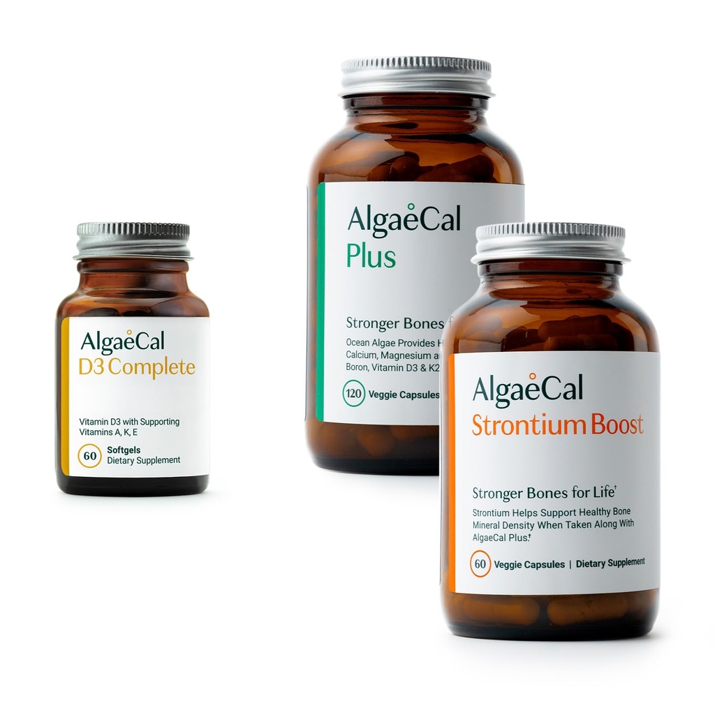 ALGAECAL Bone Health Bundle - D3 Complete (1000 IU) + K2, vitamin E, vitamin A & plantebasert kalsium klinisk støttet for å øke beintettheten