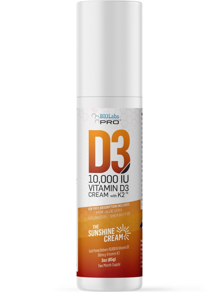 BIOLABS PRO Alle naturlige vitamin D3 10000IU vitamin D-krem - Maksimal styrke - Bekjempe vitamin D-mangel naturlig - med vitamin K2 & Olive Leaf ekstrakt - trygt og effektivt (10 000IU - 3.0oz)