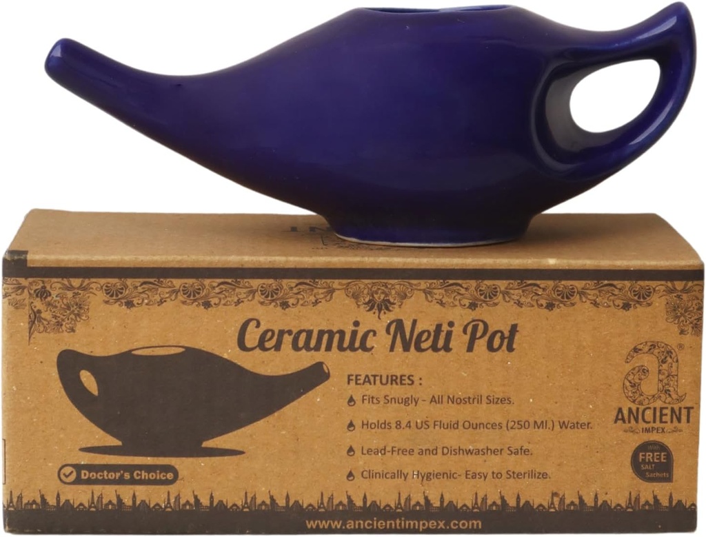 ANIENT IMPEX Keramisk Neti Pot 250 Ml (Violet) med 5 Sachets Neti Salt | Naturlig remedi for Nasal Vaske, Sinus Relief & Nasal Hygiene | Ayurveda Nasal Irrigation Pot