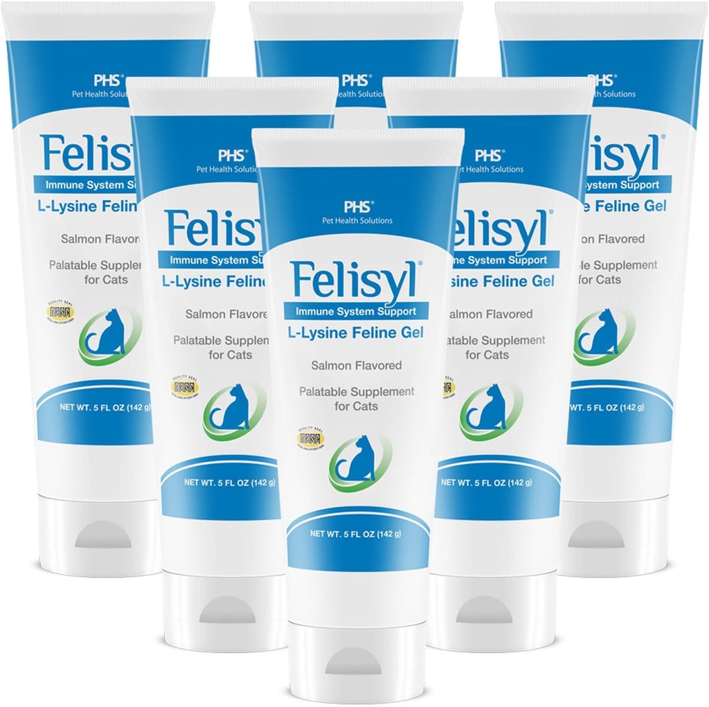 L-Lysine Gel for katter (5oz) - støtter immune, pustende og øyehelse. Eases Sneezing, Runny Nese, og vannige øyne. Tastig lakseflavor - laget i USA (6 Pack)