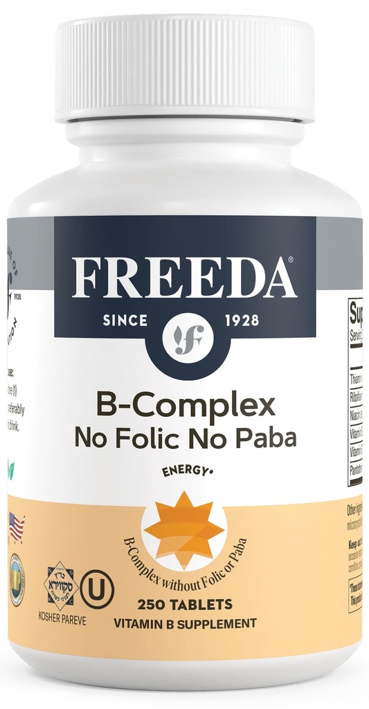 Freeda Vitamin B-kompleks Ingen FOLIK Ingen PABA - Super B-kompleks Kosher Vitamin Supplement med vitamin B1 Vitamin B2 Vitamin B3 Vitamin B5 Vitamin B12 - Vit B-kompleks B for kvinner og menn (250 Ct)