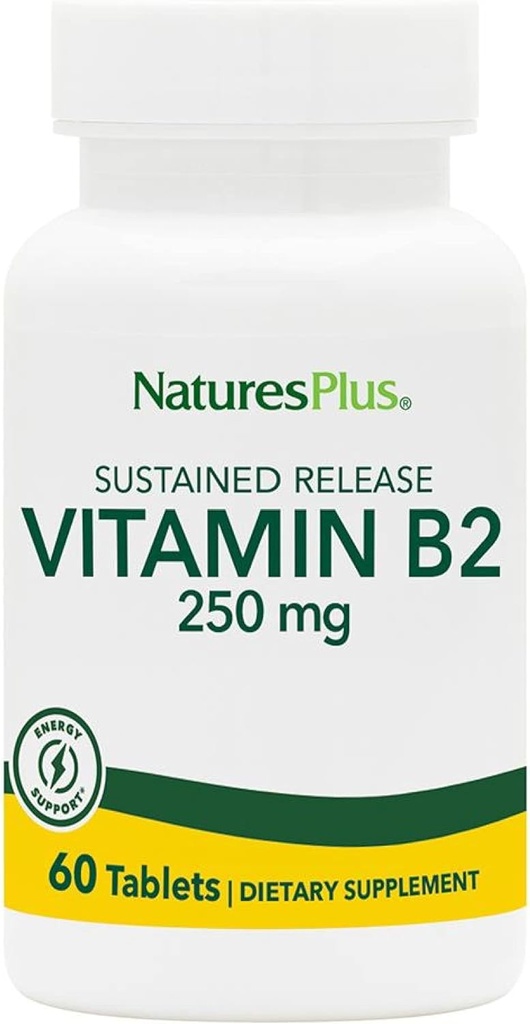 NaturesPlus vitamin B2 (Riboflavin) - 250 mg, 60 vegetariske tabletter, frigjøring - naturlig energi og metabolisme Booster, fremmer generell helse - Glutenfri - 60 Services