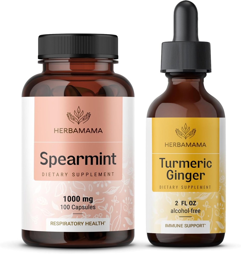 HERBAMAMA Spearmint og gurkemeie Ginger Kit - Bundle på 1000 mg Spearmint Leaf kapsler & gurkemeie Ginger Tinktur 2 fl oz - Vegansk, ikke-GMO, sukker & alkohol-fri - 2 pakke