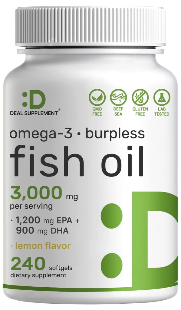 DEAL Supplement Omega 3 Fish Oil Supplements, 3.000mg Per Serving, 240 Softgels – EPA 1200mg + DHA 900mg – Burpless Pills, sitron Flavored, Wild Caught – Hjerne og hjerte støtte – Mercury gratis, ikke-GMO