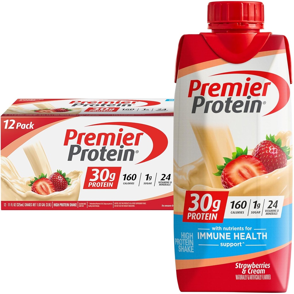 Premier Protein Shake, Jordbær og Krem, 30g Protein, 11 floz, Pakke med 12 (Packing May Vary)