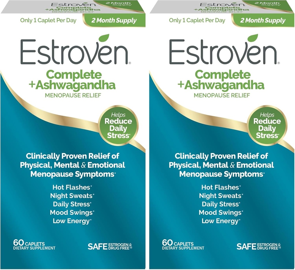 Estroven Complete + Ashwagandha Multi-Symptom Menopause Supplement for kvinner - klinisk bevist ingredienser gi Menopause Relief & Night Sweats + Hot Flash Relief * - 4 måneders forsyning (Pack of 2)