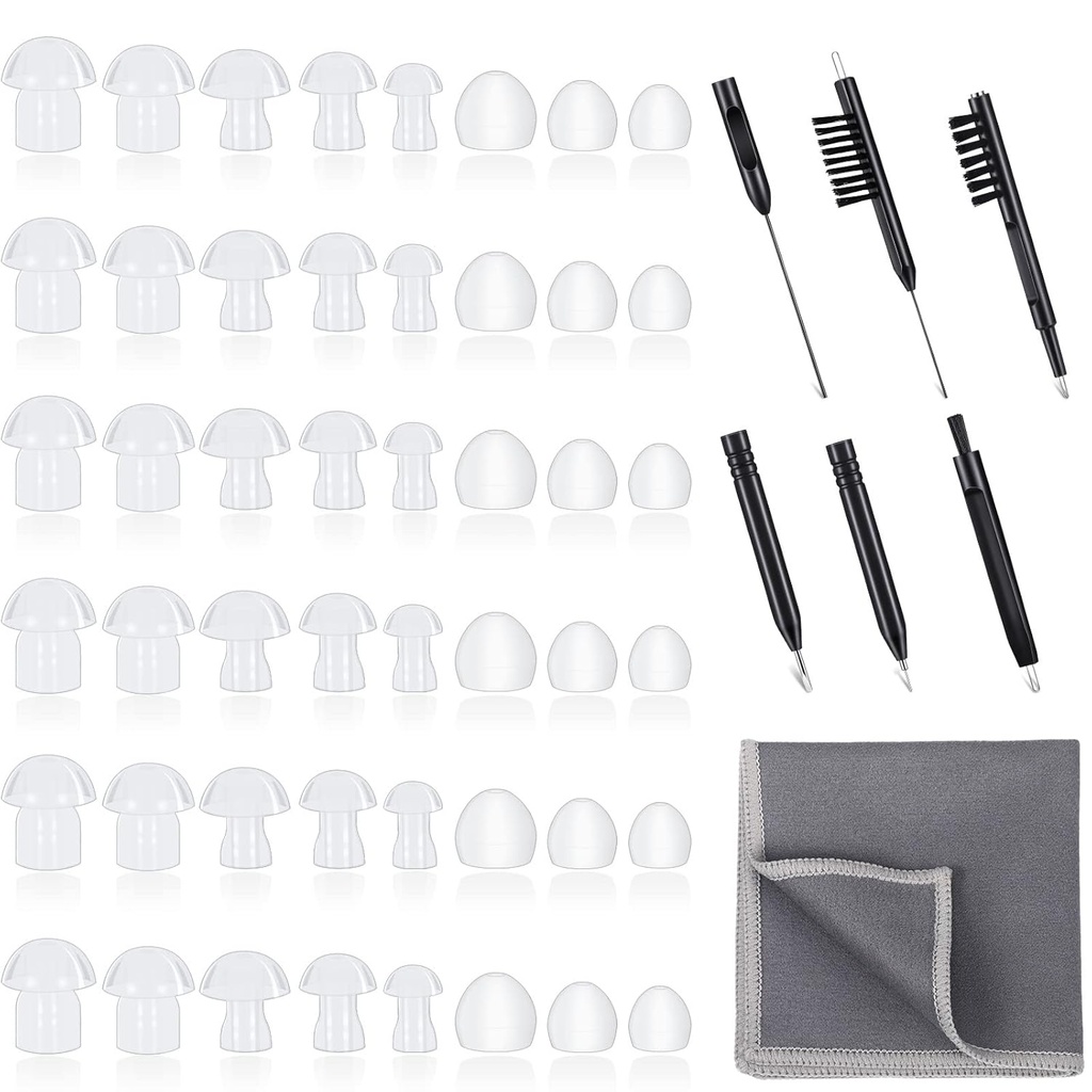 48 stykker Høreapparat Tips Høreapparat Domes Universal Domes for ørepropp Tips utskiftning, BTE lydforsterker tilbehør og 7 stykker Rengjøringsverktøy med Velvet Bag