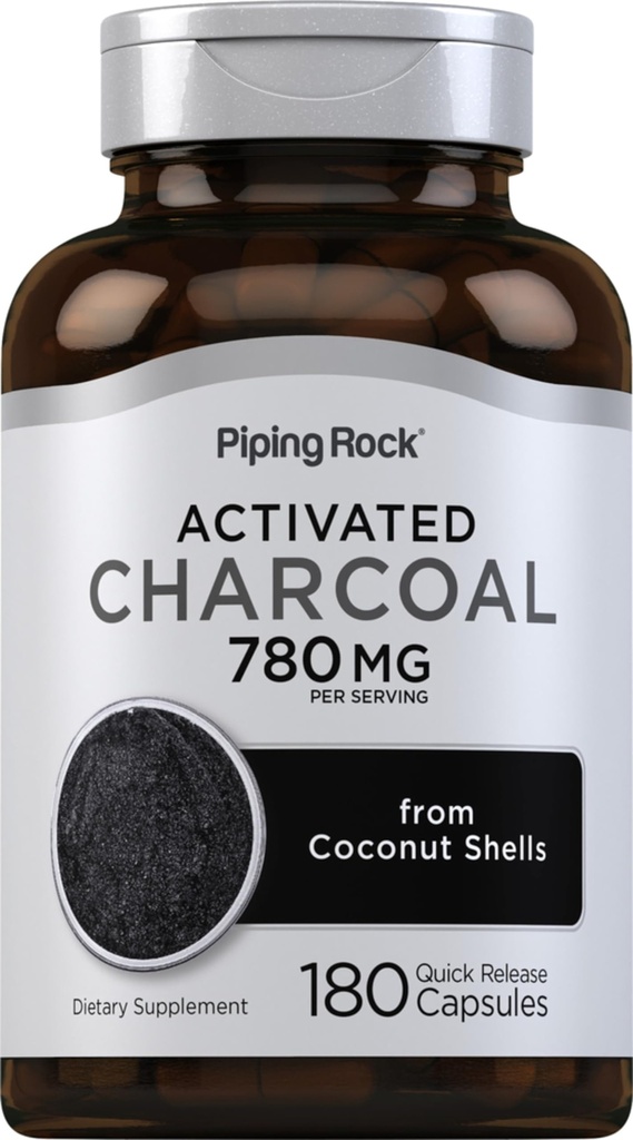 Piping Rock Aktivert Charcoal piller | 780 mg | 180 kapsler | fra Coconut Shells | Ikke-GMO, Glutenfri Supplement