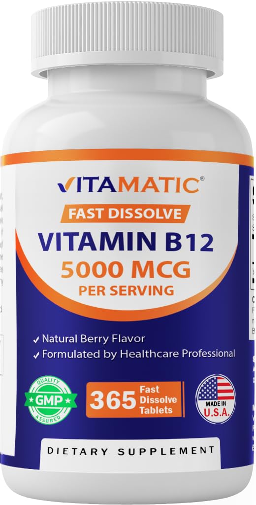 Vitamatisk vitamin B12 5000 mikrog – 365 raske oppløsningstabletter Berry Flavor – støtter energiproduksjon og nervesystem helse – ikke-GMO, Glutenfri