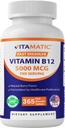 Vitamatisk vitamin B12 5000 mikrog – 365 raske oppløsningstabletter Berry Flavor – støtter energiproduksjon og nervesystem helse – ikke-GMO, Glutenfri