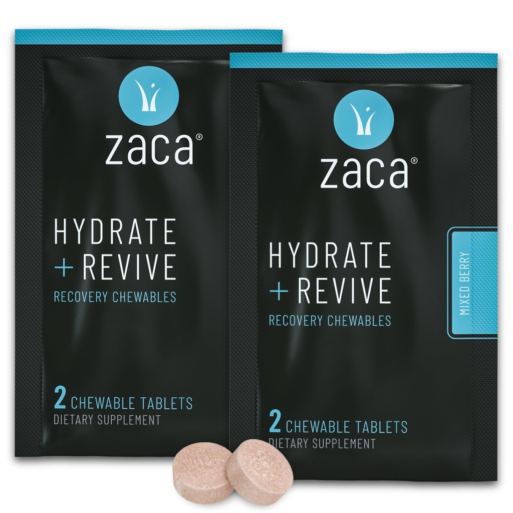 Zaca Recovery Chewable Supplement |Hôte + Revive | Fest, Reise, Trening og Høyde | Ikke-Sugar & Ikke-Gluten | Blandet Berry, 2 Pakker = 4 Tabletter