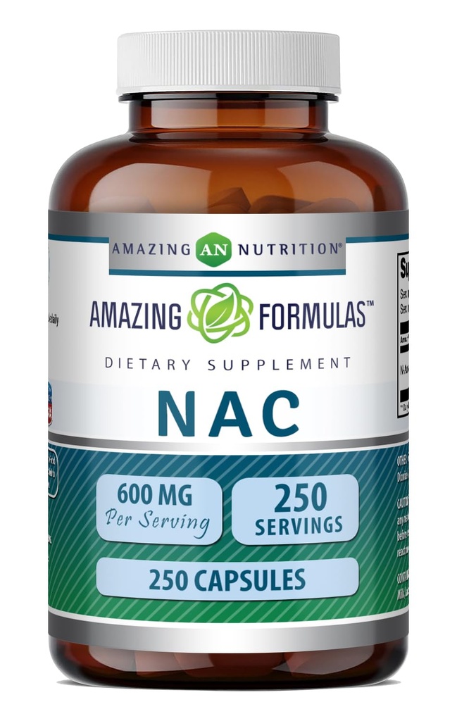 Amazing Formler NAC (N-Acetyl-L-Cysteine) Supplement | 600 Mg per servering | 250 Kapsler | Ikke-GMO | Glutenfri | laget i USA