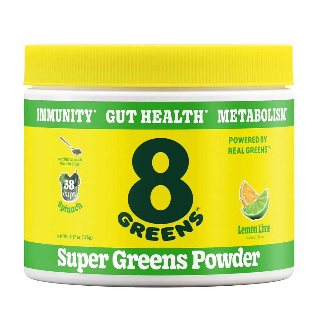 8Grønner Super Greens pulver | Prebiotic & Probiotic Blande Superfoods for Gut Helse, Metabolisme, Oppblåsing, med fiber, Digestive Enzymes, Organisk: Spirulina, Klorella, Lemon Lime, 25 Services
