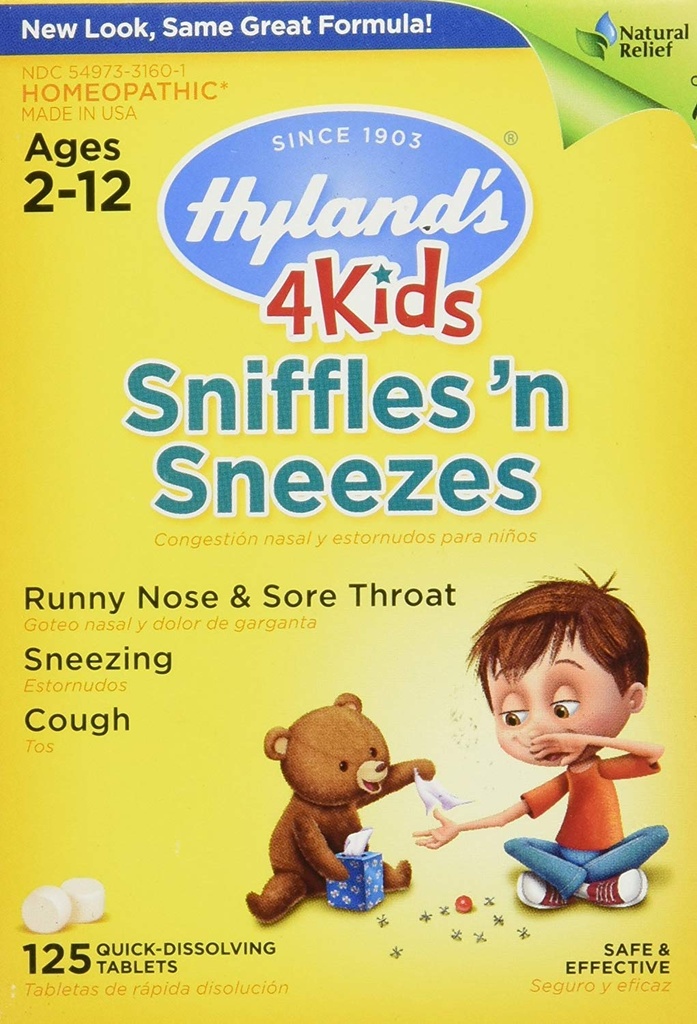 Sink for barn alder 2+, Cold Medicine Tabletter, Hyland 4 Kids Sniffles n' Sneezes, Decongestant, hodepine og Sinus Relief, naturlig behandling for allergi og vanlige kalde symptomer, 125 teller