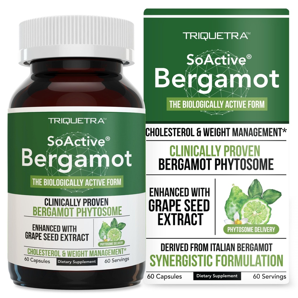 SoActive Bergamot: 2.5X mer effektiv, italiensk Citrus Bergamot Phytosom - klinisk validert | Forbedret med kornfrøekstrakt - støtter kolesterol og vektkontroll (60 kapsler)
