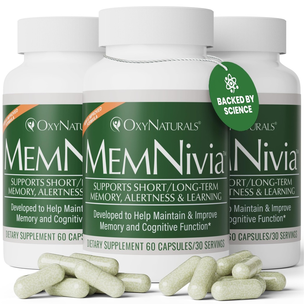 MemNivia Brain Supplements for hukommelse og fokus | Dual-Sage Stem Cell Formula med Cognivia®, Bacopa, Holy Basil & Ginger | klinisk bevist mental klarhet støtte | 180 kapsler (3 flasker) | USA laget