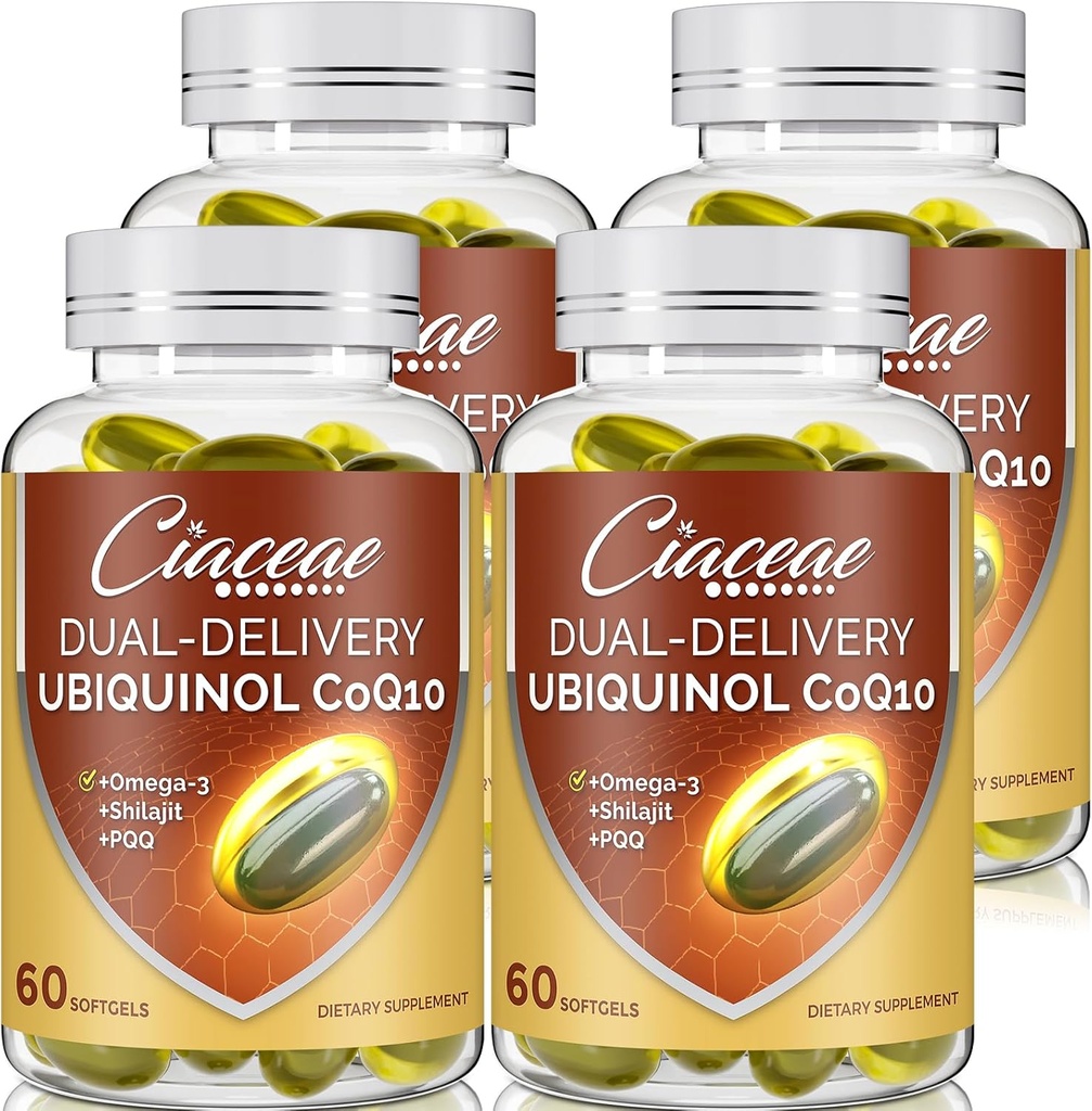 Ubiquinol CoQ10 600 MG Softgels med Omega-3 & Shilajit & PQQ, Avansert Dual-Delivery Coenzyme-Q10, Active CoQ10 Ubiquinol Supplement for fertilitet, Antioksidant, hjerte, hjerne og energi, 240 Serveringer