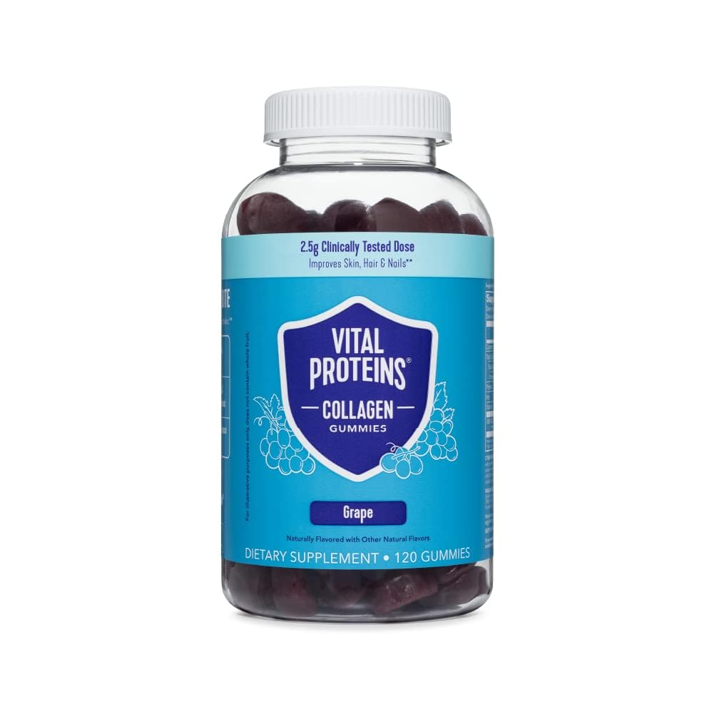 Vital proteiner kollagen gummier, 2,5 g klinisk testet kollagen for hår, hud, negler og krukker, 120 ct, 30-dagers forsyning, Grape Flavor