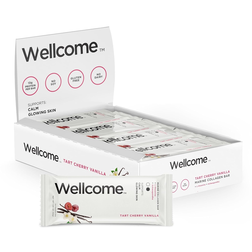 Wellcome Tart Cherry Vanilla Marine Collage Protein Bar med Ashwagandha og L-Theanine - Adaptogen Snack Bar - Dammfri Helse Bar for funksjonell aktiv livsstil (pakke på 12)