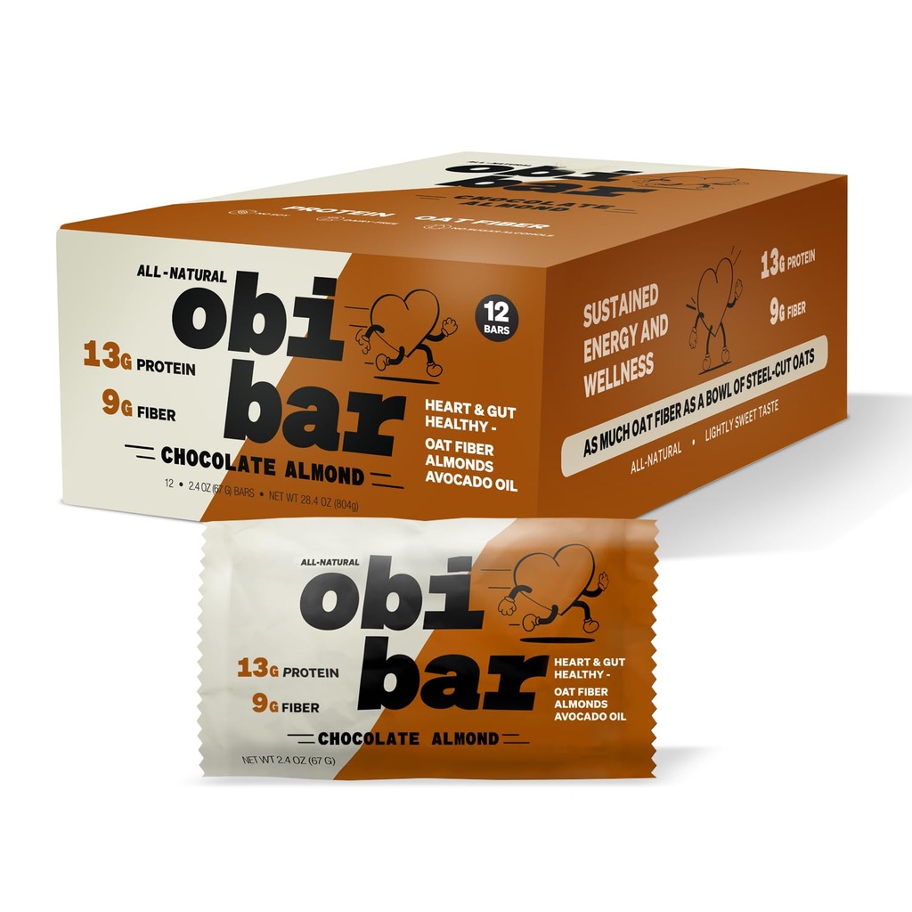 Obi Bar Sjokolade Almond - Protein og havre Fiber Bar ® All-Naturlig | Elegant Søtt Smak | 100% Cocoa, Almond Chunks | MADE Med AVOCADO OIL | Egg Hvitt Protein | Soya Gratis, Smørfri, Ingen Sukker Alkohol, Ingen Seed Olier | 2.4oz, 12 Pack