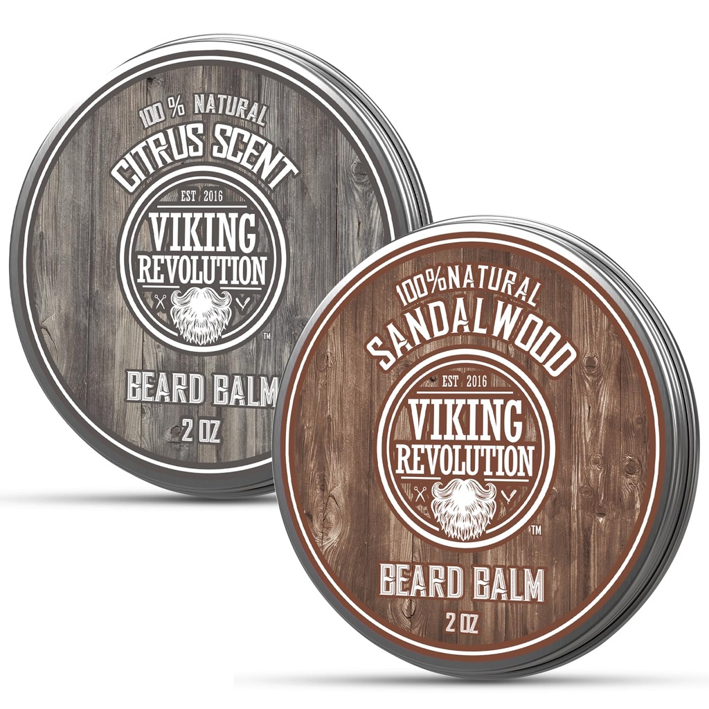 Viking revolusjon Citrus og Sandalwood Beard Balm - Smør med Argan olje, mykere med Jojoba olje, moisturizer med bivoks - Vokse for menn med mango smør (2oz, 2 Pack)