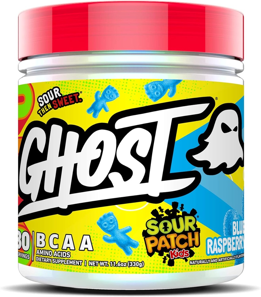 GHOST BCAA Powder Aminosyrer Supplement, Sour Patch Kids Blå bringebær - 30 Serveringer - Sukkerfri Intra, Post & Pre Trening Amino pulver og gjenoppretting drikke, 7G BCAA