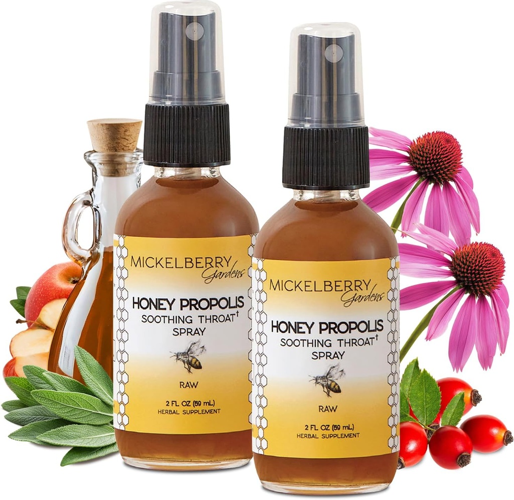 Mickelberry Gardens Honning Propolis Throat Spray - Soothing Sore Throat Relief & Propolis Immune Støtte for voksne og barn - Herbal & Honning Formula (2 oz, 2 Pack)